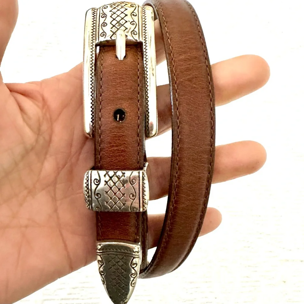 Brighton Silver Ranger Buckle Brown Leather Belt Sz L 34 B2807 - Picture 3 of 13
